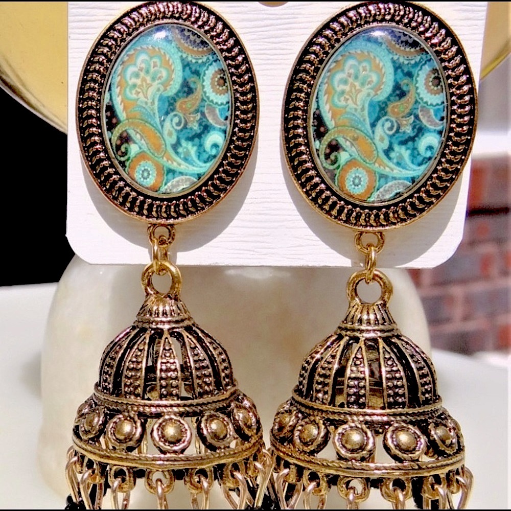 🍃 Boho Paisley & Fringed Bell Dangled Earrings - New With Tags - Picture 2 of 4